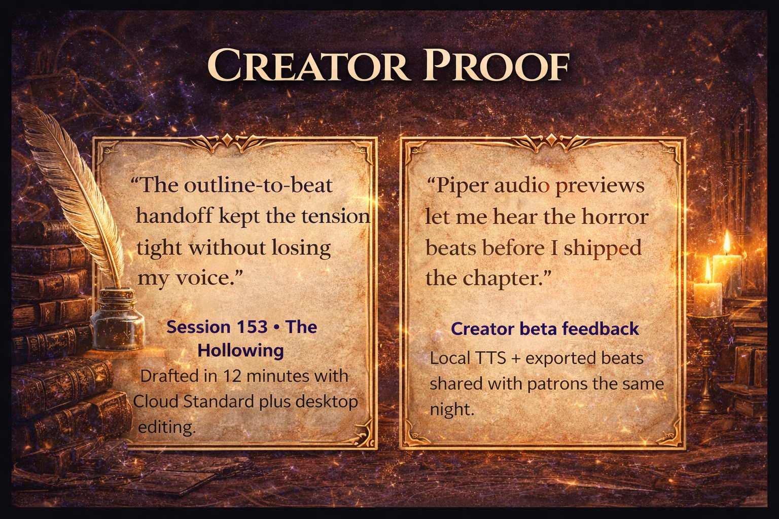 Creator Proof - Session 153 The Hollowing drafted in 12 minutes, Piper audio previews for horror beats